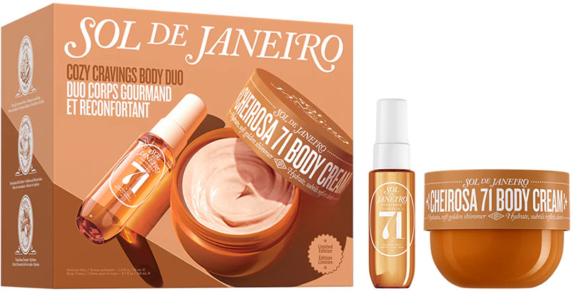 Sol de Janeiro Cozy Cravings Body Duo featuring Cheirosa 71 cream and perfume mist in a gift set with bath and body products.