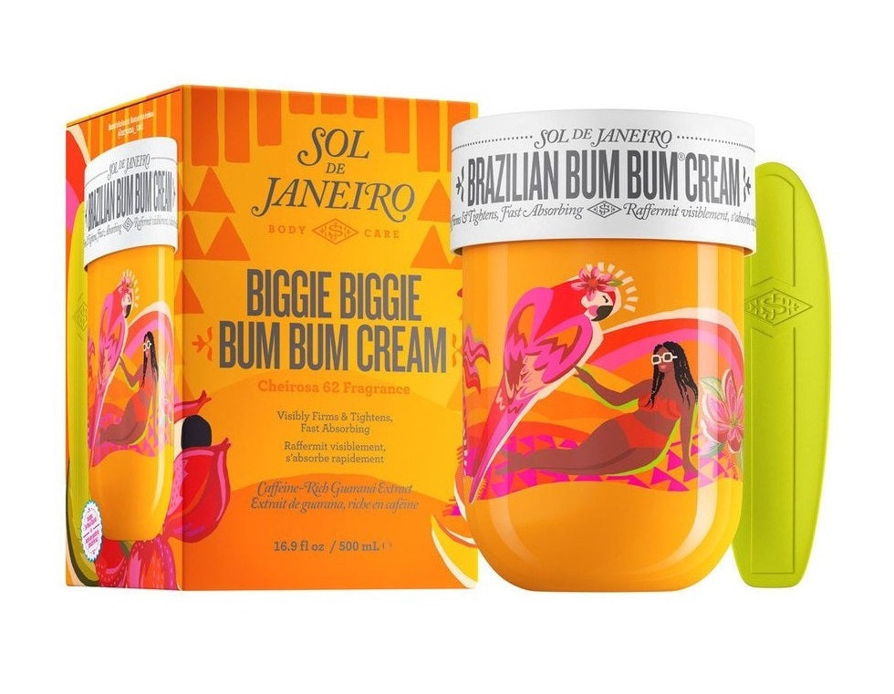 Sol de Janeiro Biggie Bum Bum Cream 500 ml jar, moisturizing skincare product with tropical scent and vibrant packaging.
