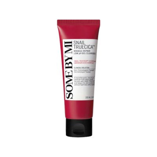 Some By Mi Snail Truecica Miracle Repair low pH gel cleanser in a white tube with blue accents and product labeling.