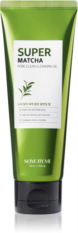 Some By Mi Super Matcha Pore Clean Cleansing Gel in a 100ml bottle, featuring green tea extract for deep pore cleansing and refreshing skin.