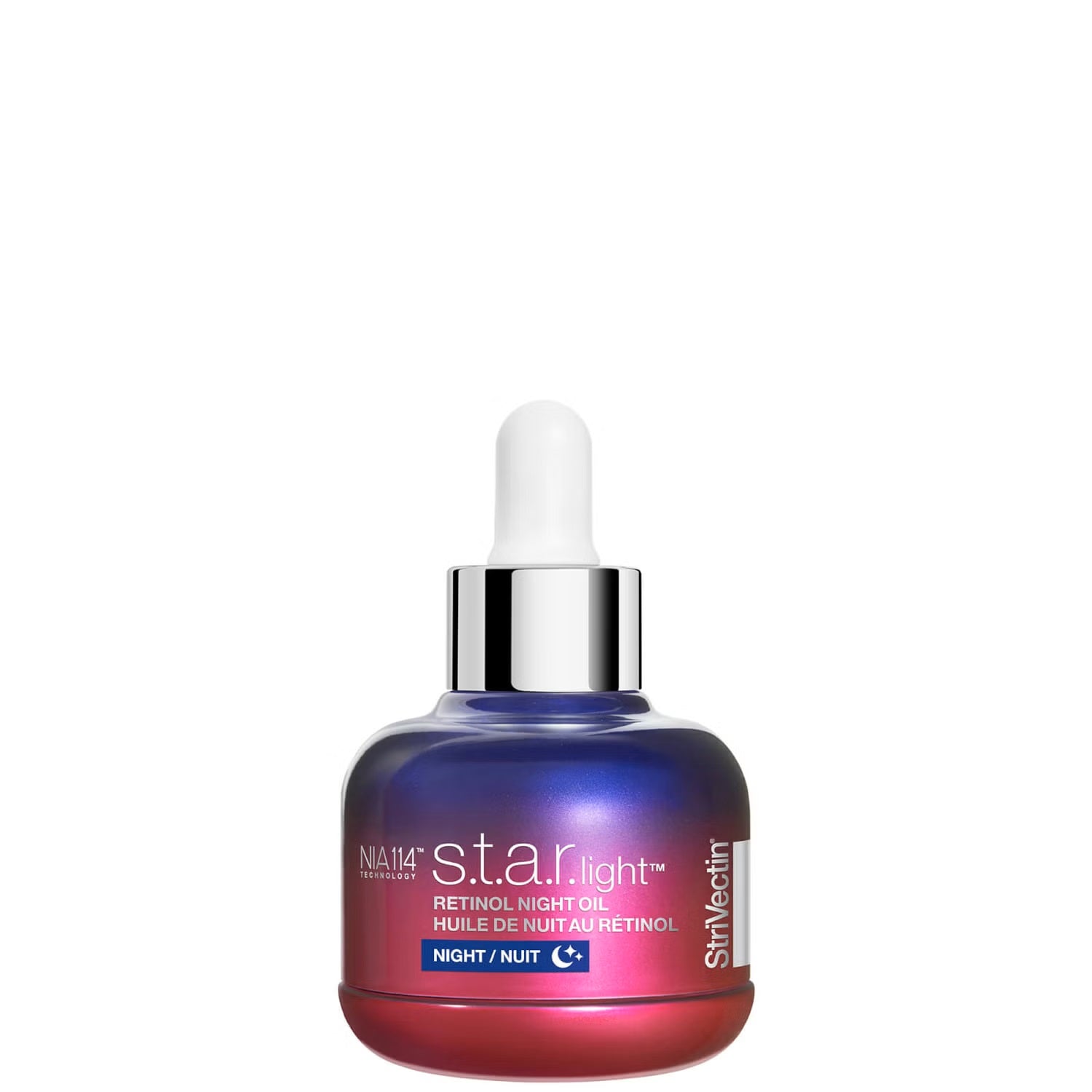 StriVectin S.T.A.R. Light Retinol Night Oil bottle, 30ml, skin care product with a sleek dark container and silver cap.