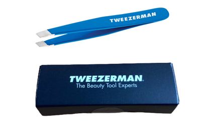 Tweezerman Mini Slant Tweezer in Blue Bahama with precise slant tip for brow grooming and beauty care.
