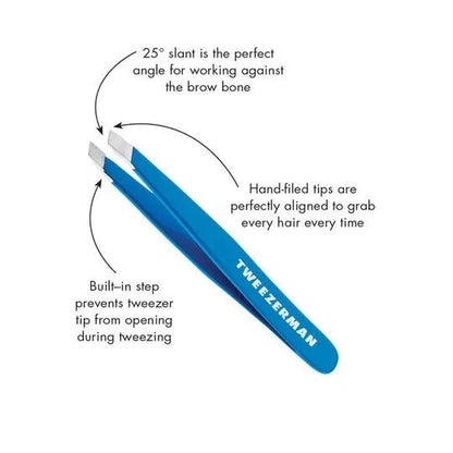 Tweezerman Mini Slant Tweezer in Blue Bahama, perfect for precise eyebrow grooming and facial hair plucking.