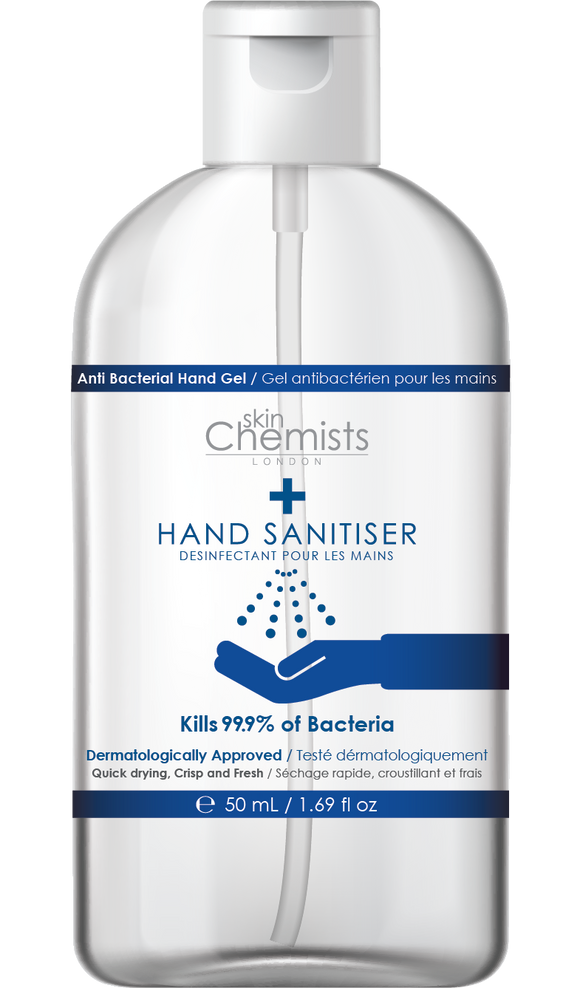 skinchemists london hand sanitiser high strength, made in uk 50ml