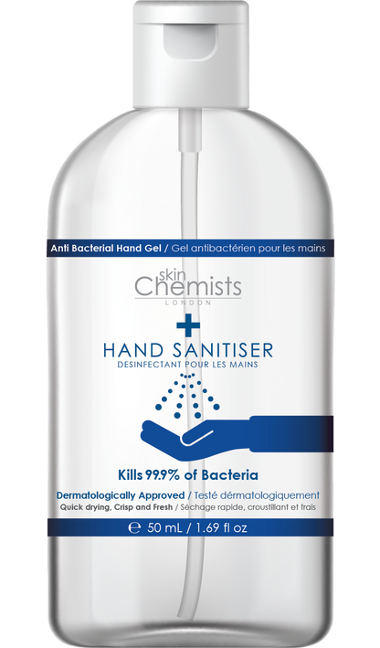 skinchemists london hand sanitiser 250ml high strength, made in uk 50ml