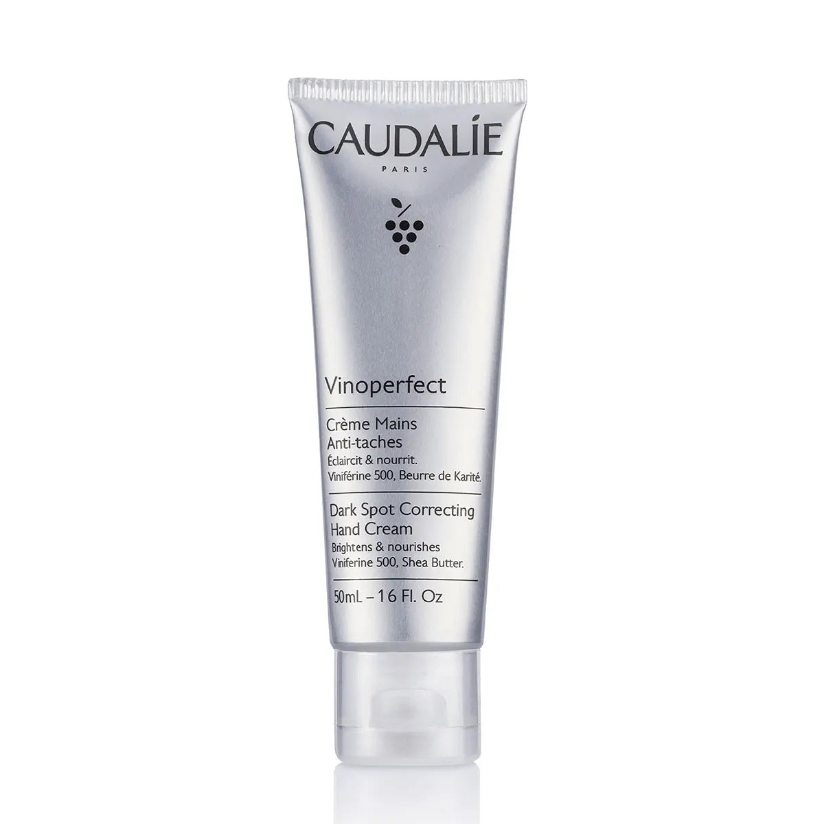 Caudalie Vinoperfect dark spot correcting hand cream in 50ml tube, moisturizing lotion for brightening and skin tone correction.