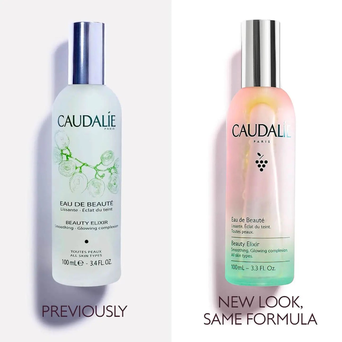 Caudalie Beauty Elixir 100ml skincare spray with floral ingredients, in a clear glass bottle, for revitalizing skin.