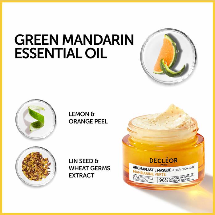 Decléor Green Mandarin Aromaplastie Glow Booster Mask in 50ml jar, showcasing fresh green mandarin and brightening skincare formula.