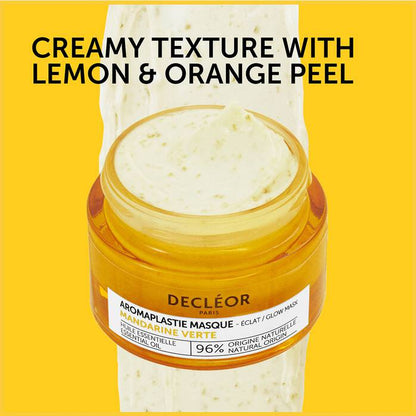 Decléor Green Mandarin Aromaplastie Glow Booster Mask 50ml, a skin care mask with fresh green mandarin ingredients, in a white jar.
