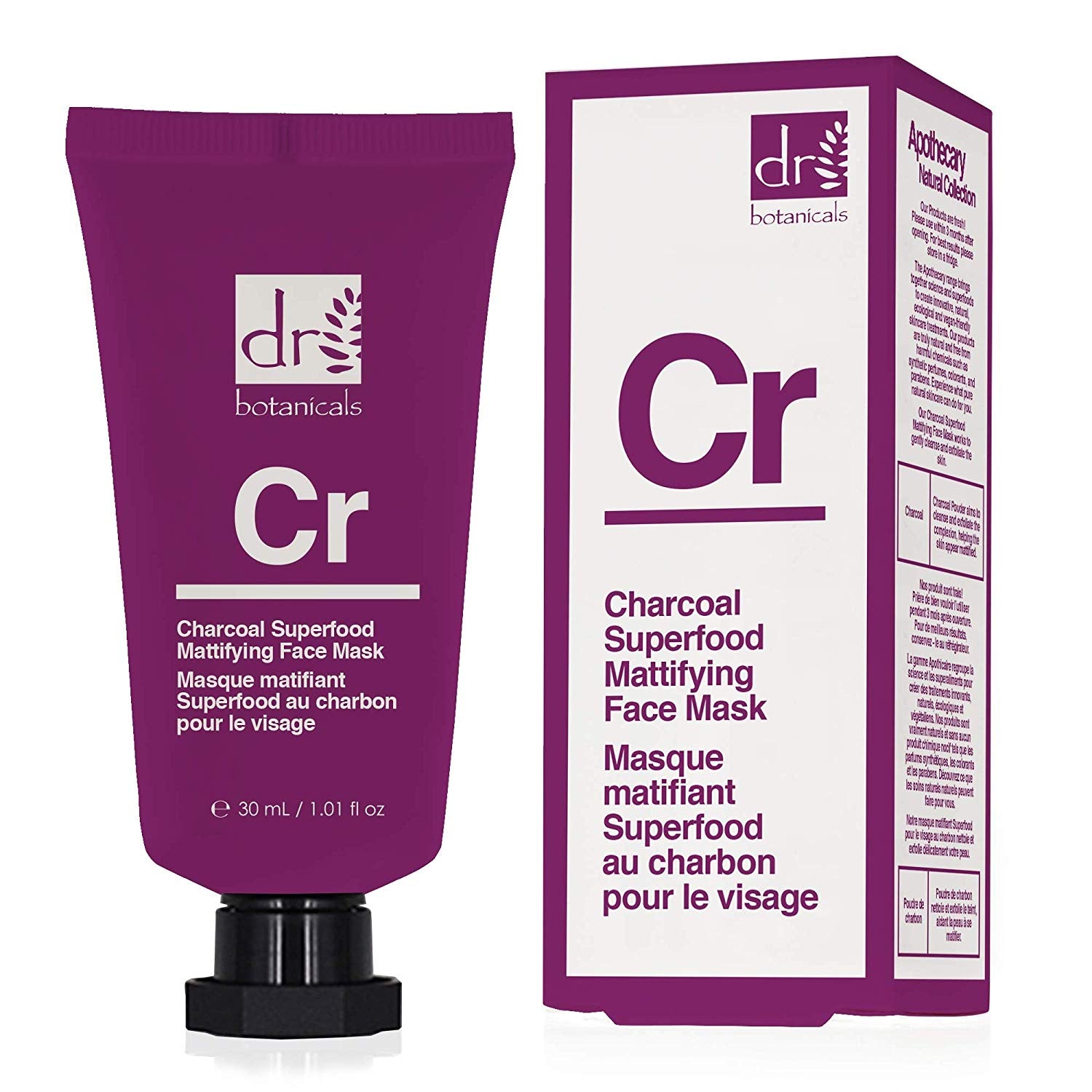 Dr. Botanicals Charcoal Superfood Mattifying Face Mask in 30ml tube, vegan skin care mask for oily and blemish-prone skin.