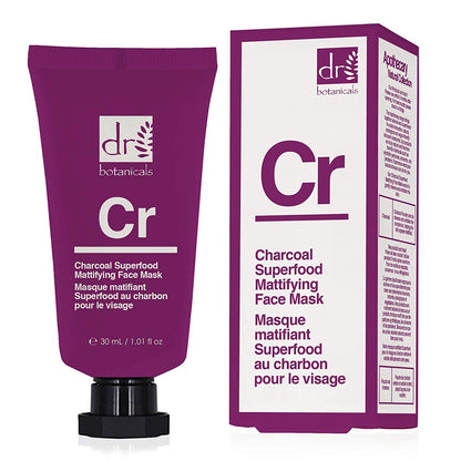 Dr. Botanicals Charcoal Superfood Mattifying Face Mask in 30ml tube, vegan skin care mask for oily and blemish-prone skin.