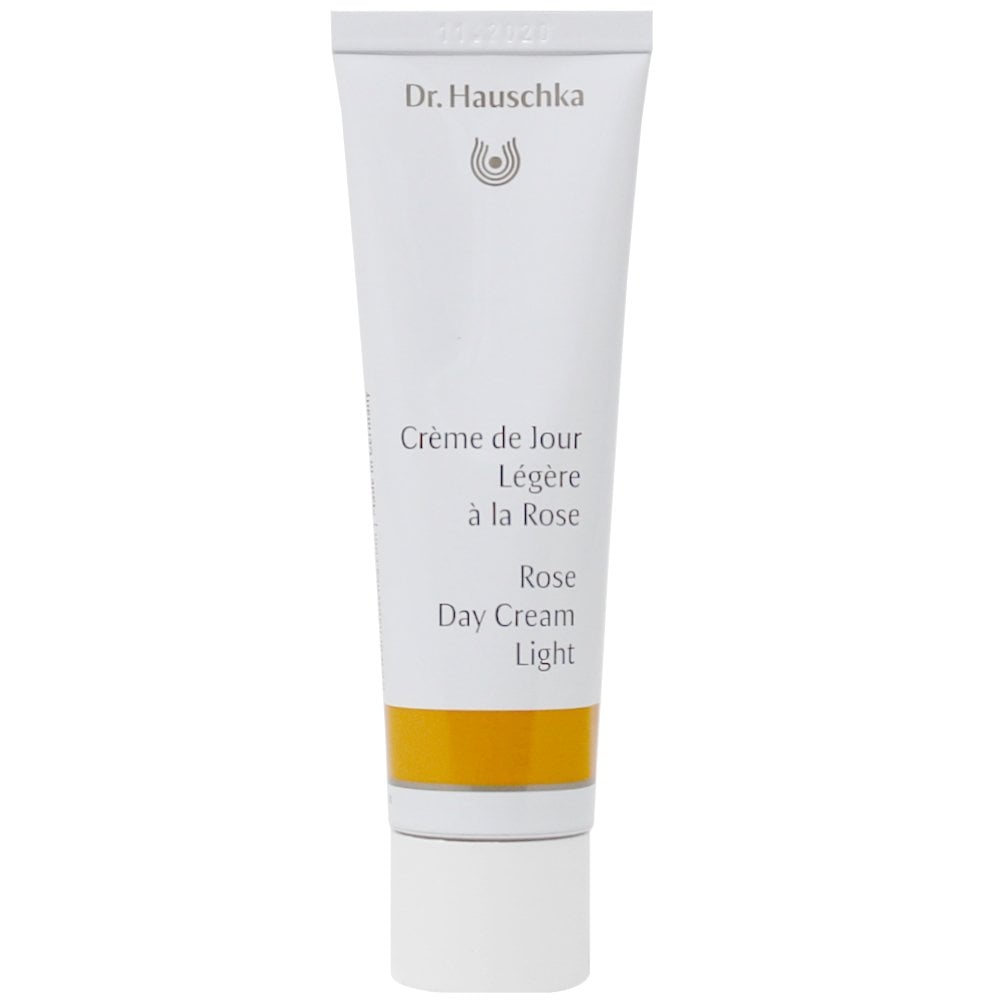 Dr. Hauschka Rose Day Cream Light 30ml moisturizer for sensitive skin, with a soft pink cream in a jar.