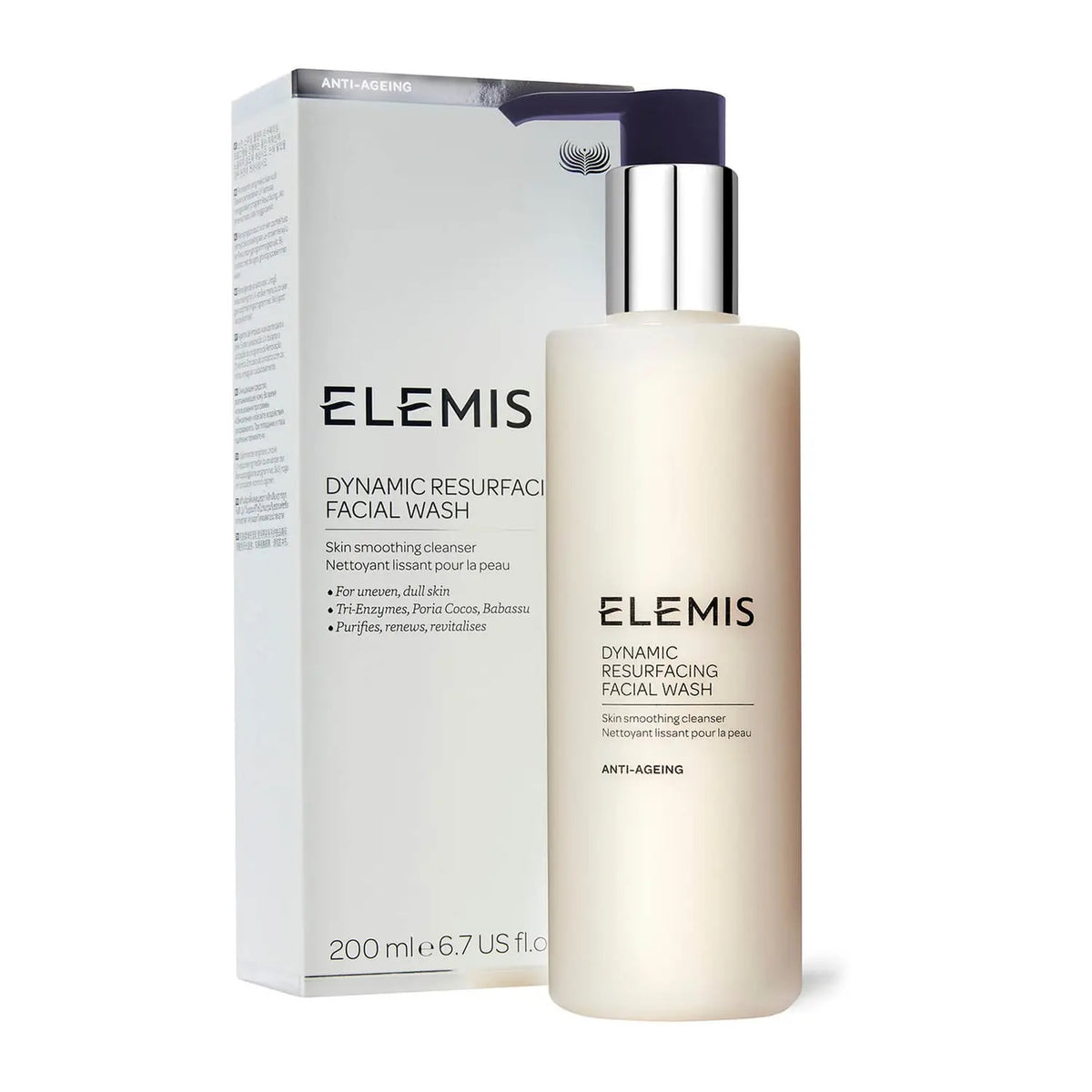 Elemis Dynamic Resurfacing Facial Wash in 200ml bottle, gentle cleanser for smooth, refreshed skin.
