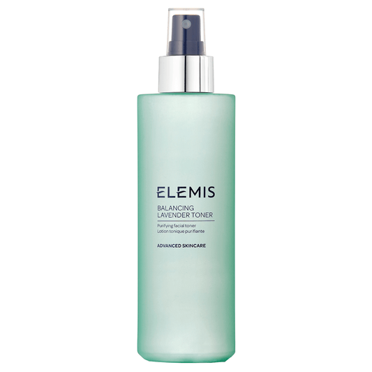 Elemis Balancing Lavender Toner in a 200ml bottle, with a clear label and a lavender-colored cap, designed for skincare.