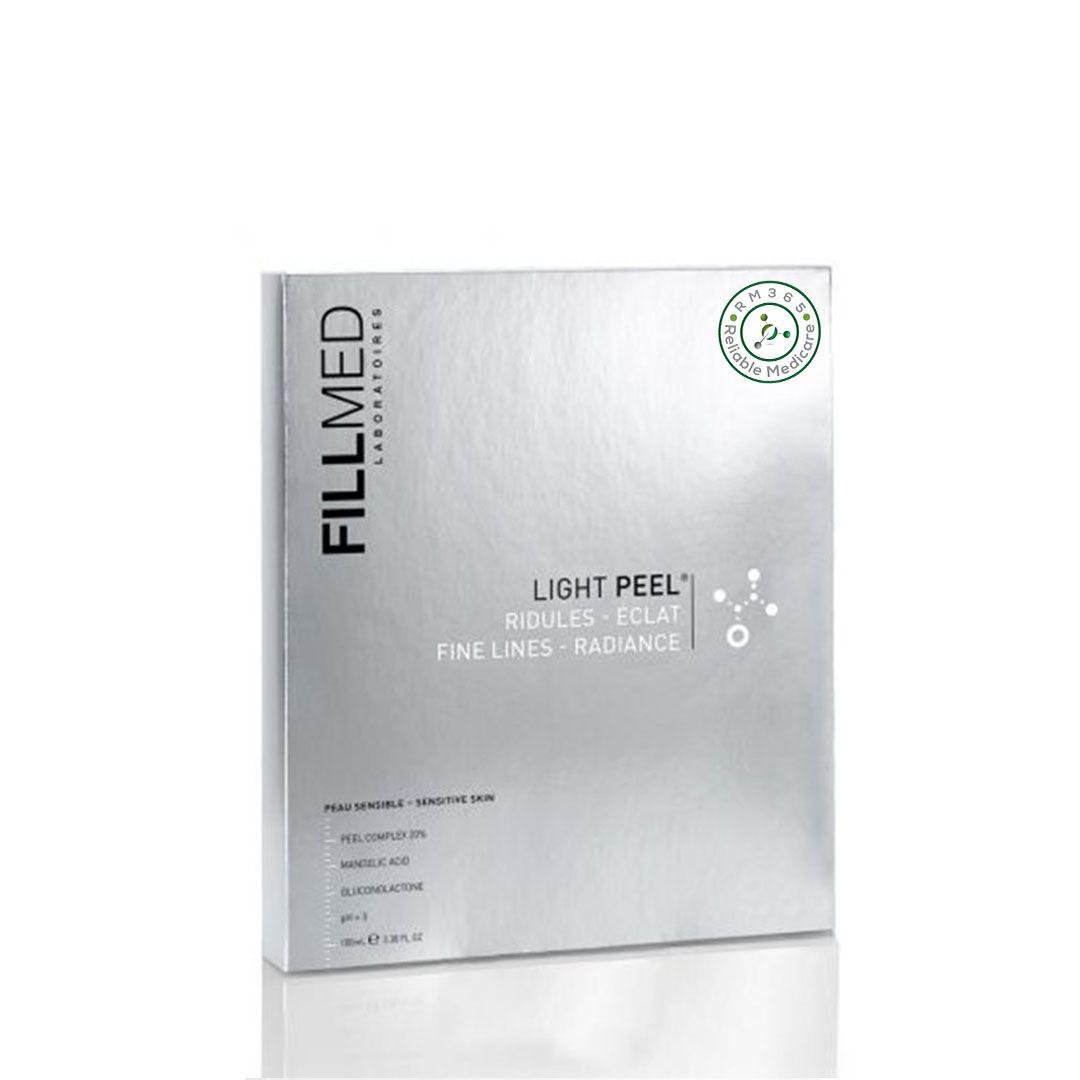 Fillmed Light Peel 100ml skin care product bottle with white and blue packaging and pump dispenser, designed for facial skin treatment.