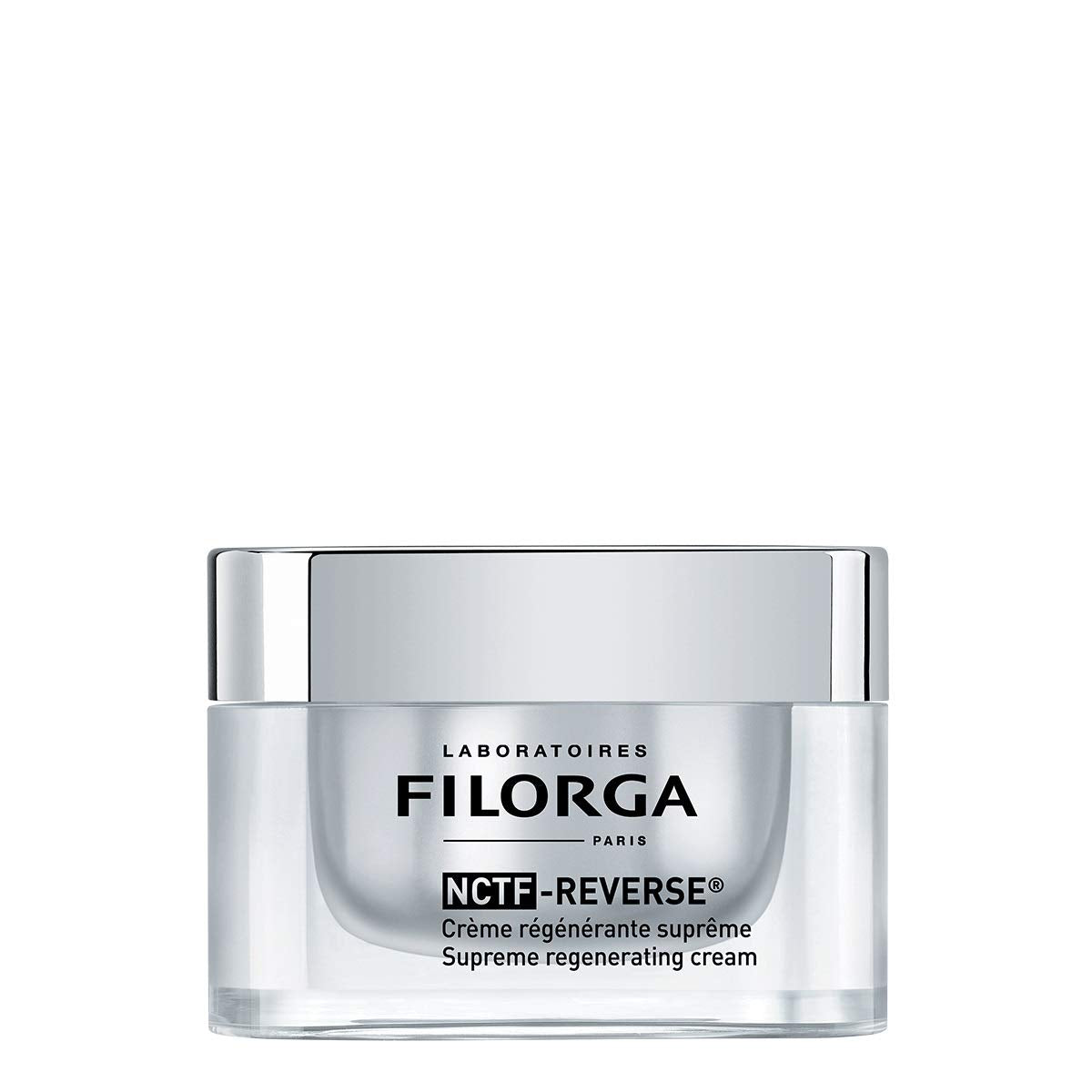 Filorga NCTF Reverse Cream 50ml jar with white and gold packaging, smooth cream visible in an open jar for anti-aging skincare.