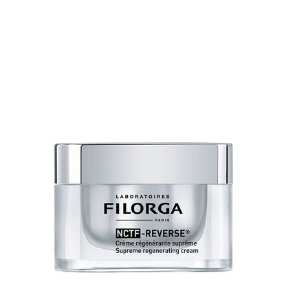 Filorga NCTF Reverse Cream 50ml jar with white and gold packaging, smooth cream visible in an open jar for anti-aging skincare.