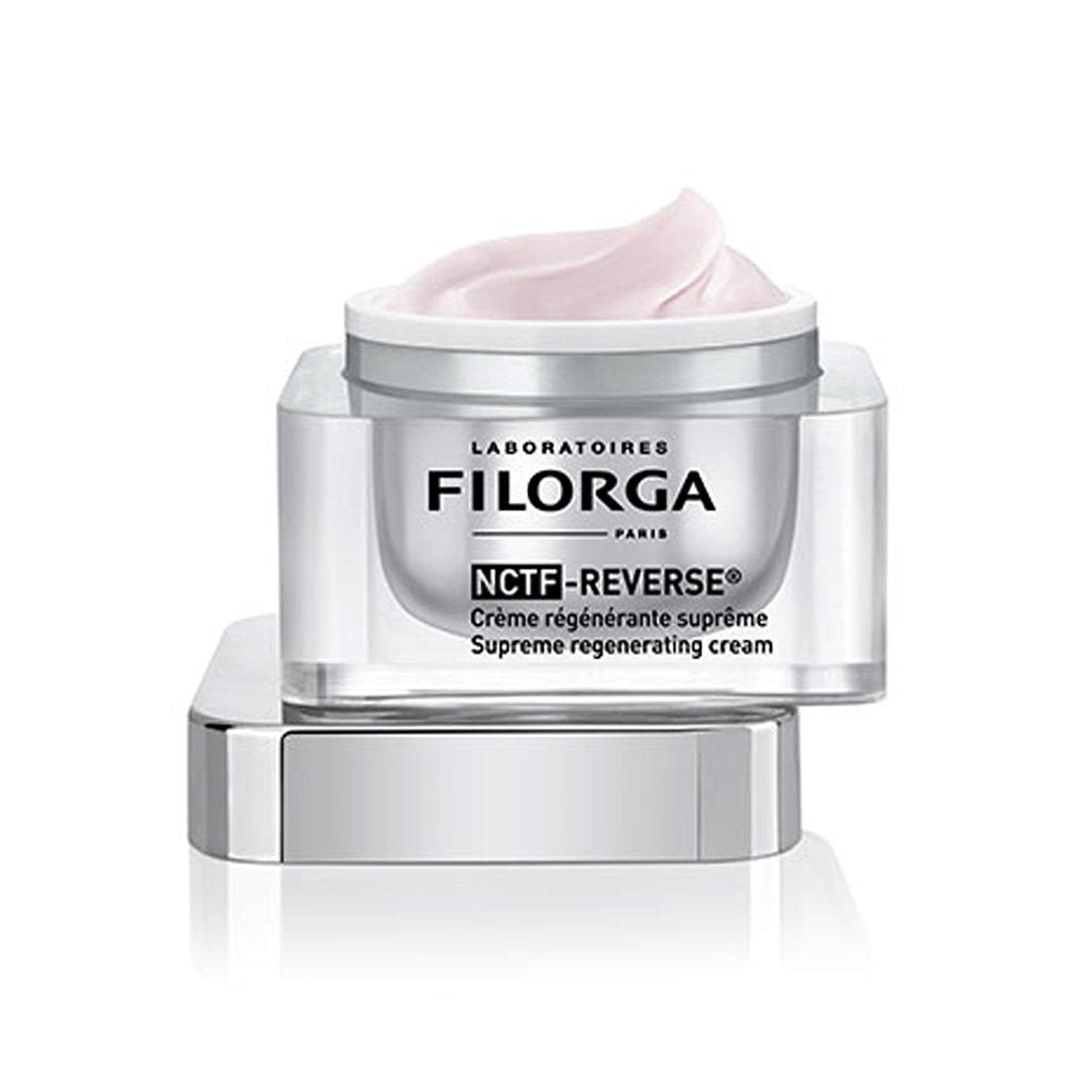 Filorga NCTF Reverse Cream 50ml jar showing smooth, luxurious cream with a sleek container for anti-aging skincare.