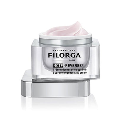 Filorga NCTF Reverse Cream 50ml jar showing smooth, luxurious cream with a sleek container for anti-aging skincare.