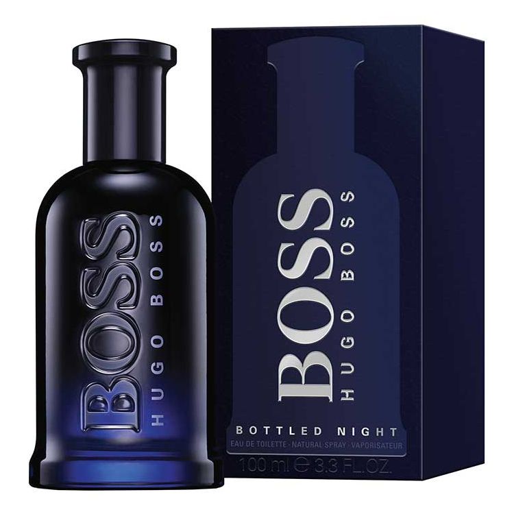 Hugo Boss Boss Bottled Night 100ml EDT perfume spray with sleek dark bottle and silver cap, designed for men.
