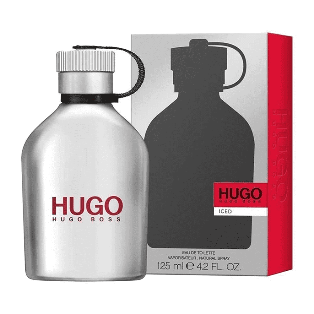Hugo Boss Hugo Iced Eau de Toilette 125ml perfume bottle with sleek design and silver accents, standing upright.