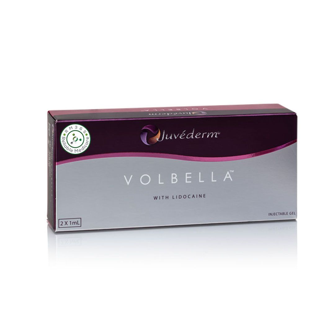 Juvederm Volbella Lidocaine cosmetic syringe, 1ml, used for lip and facial wrinkle enhancement with lidocaine for comfort.