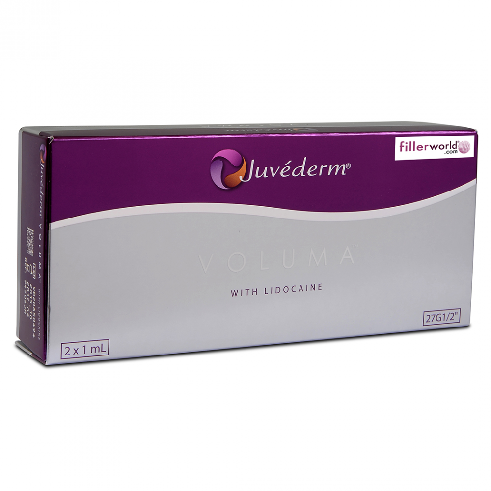 Juvederm Voluma Lidocaine 1ML skin care product vial with syringe and label, designed for facial volume enhancement.