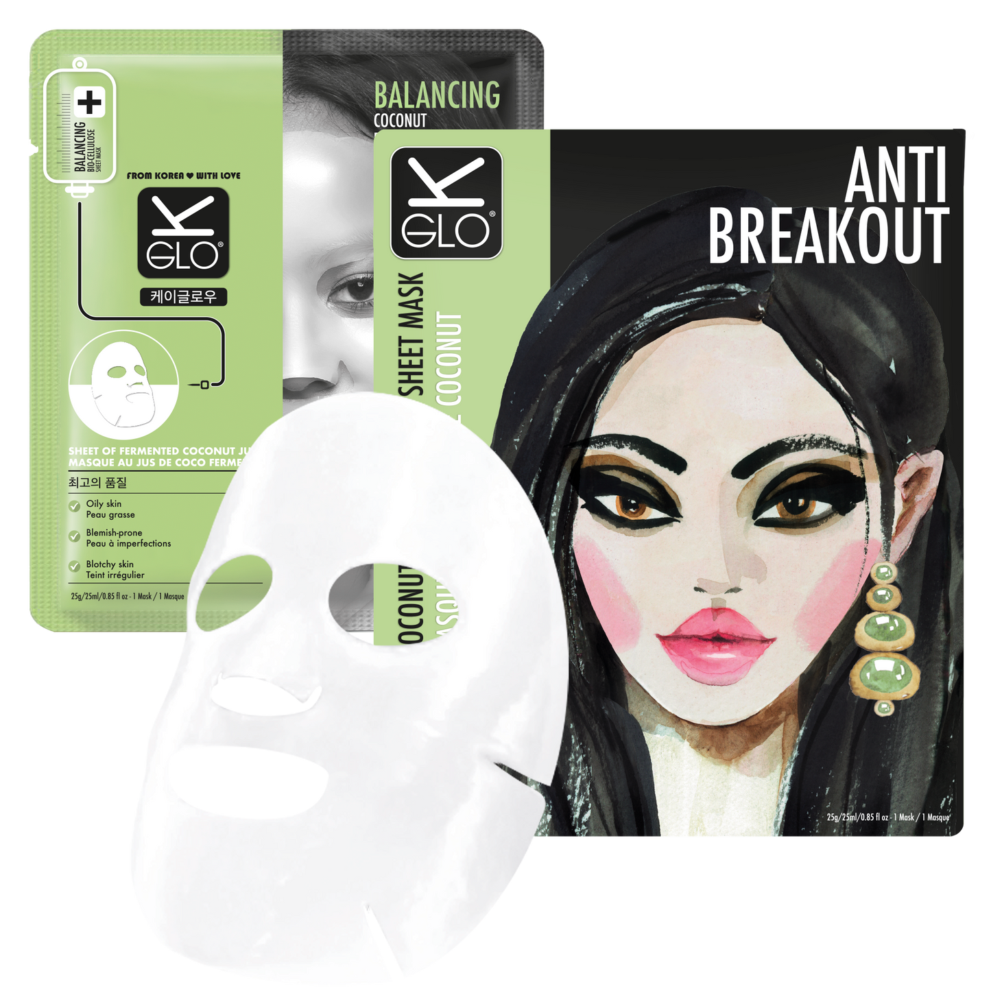 K-GLO® Anti-Breakout Coconut Bio-Cellulose Sheet Mask for glowing skin and breakout prevention in a beauty skincare product image.