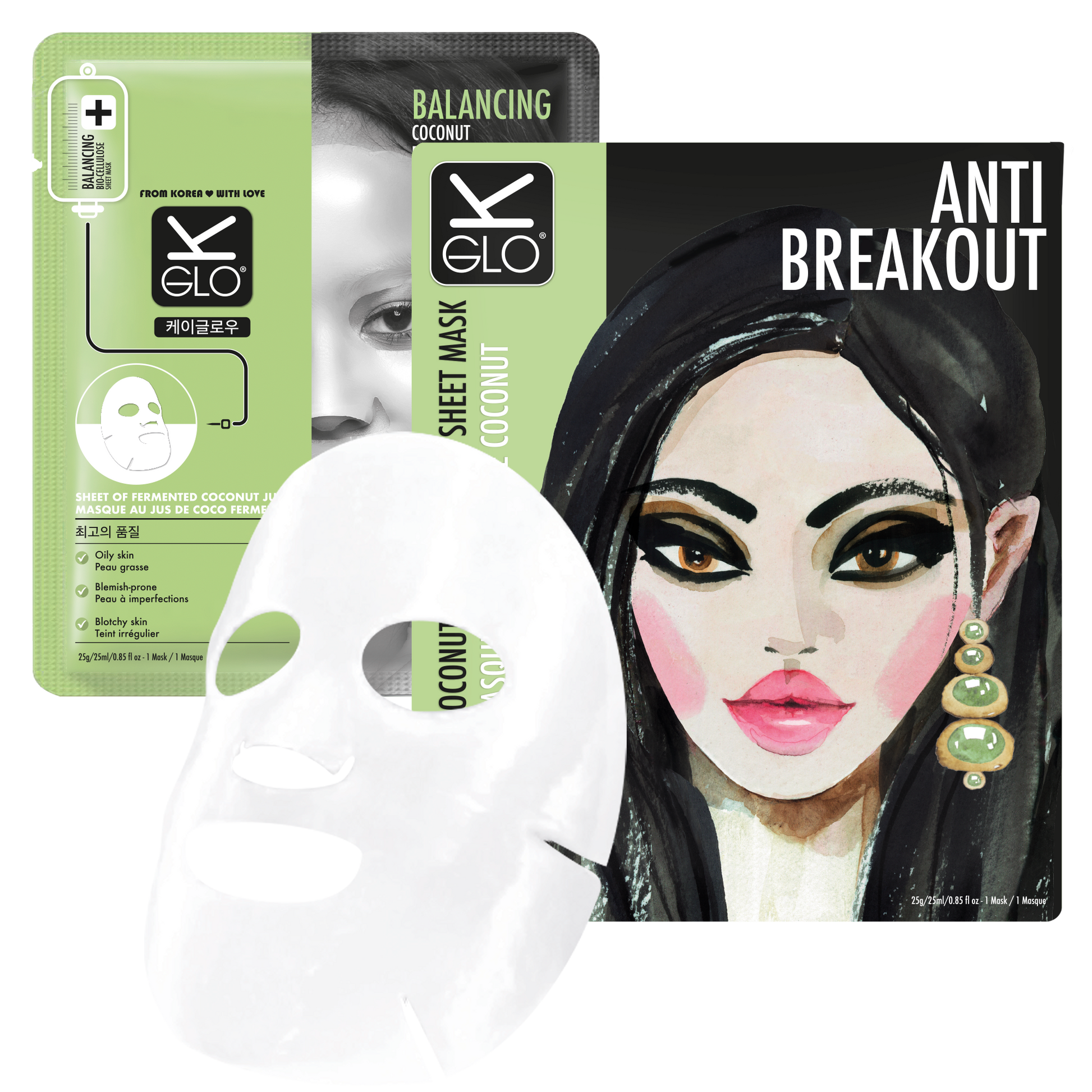K-GLO® Anti-Breakout Coconut Bio-Cellulose Sheet Mask for glowing skin and breakout prevention in a beauty skincare product image.