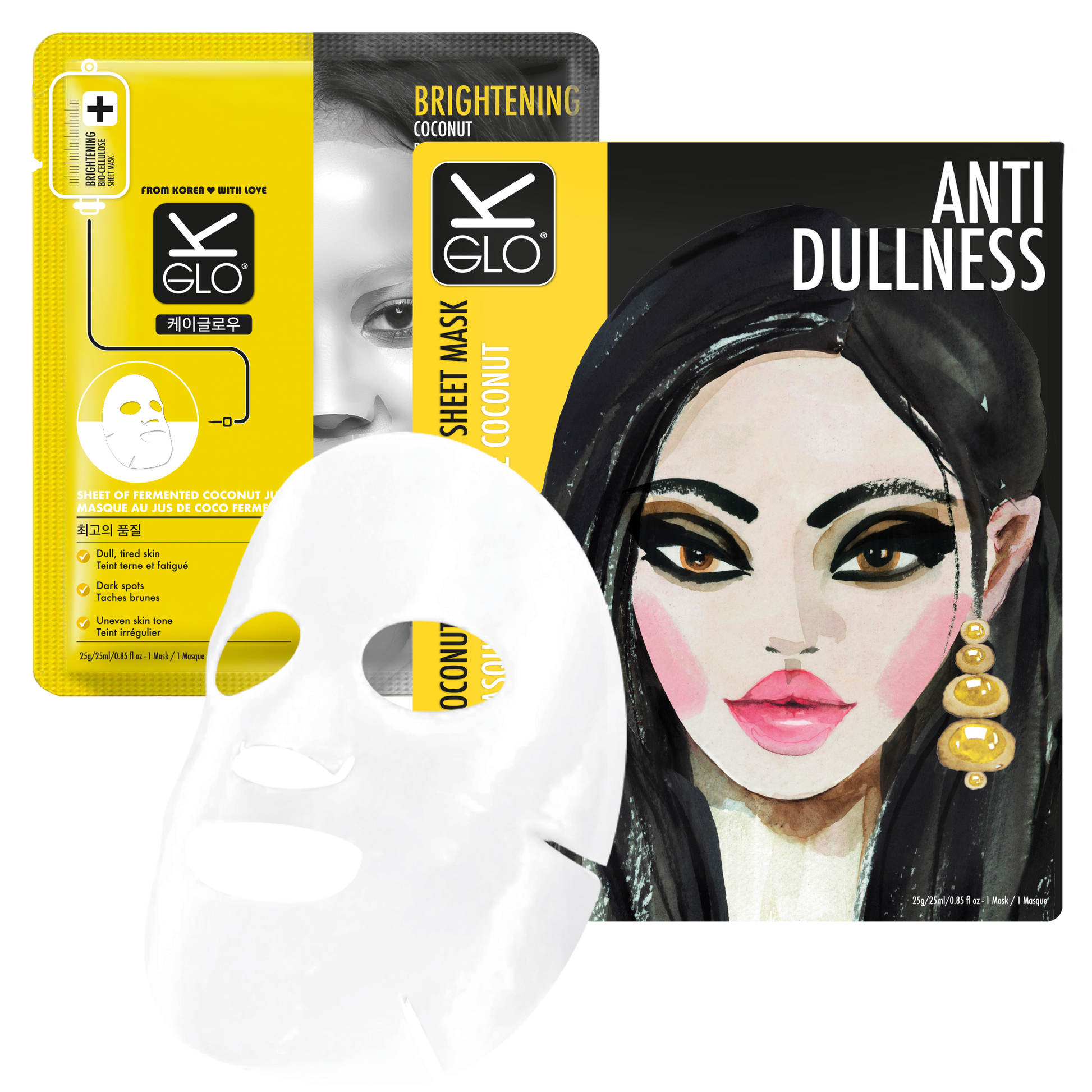 K-GLO® Anti-Dullness Coconut Bio-Cellulose Sheet Mask for revitalizing and hydrating skin, visible on a skincare product display