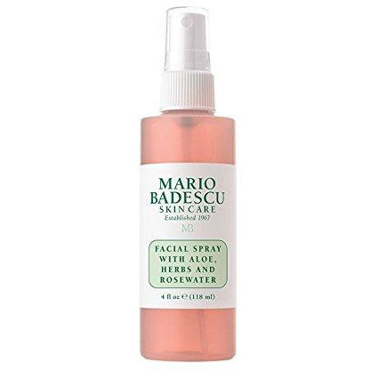 Mario Badescu Facial Spray with Aloe, Herbs, and Rosewater in 118ml bottle, featuring a clear spray nozzle and fresh floral design.