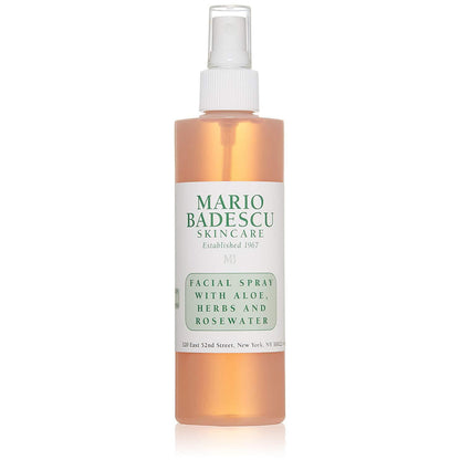 Mario Badescu Facial Spray with Aloe, Herbs, and Rosewater in a clear 236ml spray bottle, used for refreshing and hydrating the skin.
