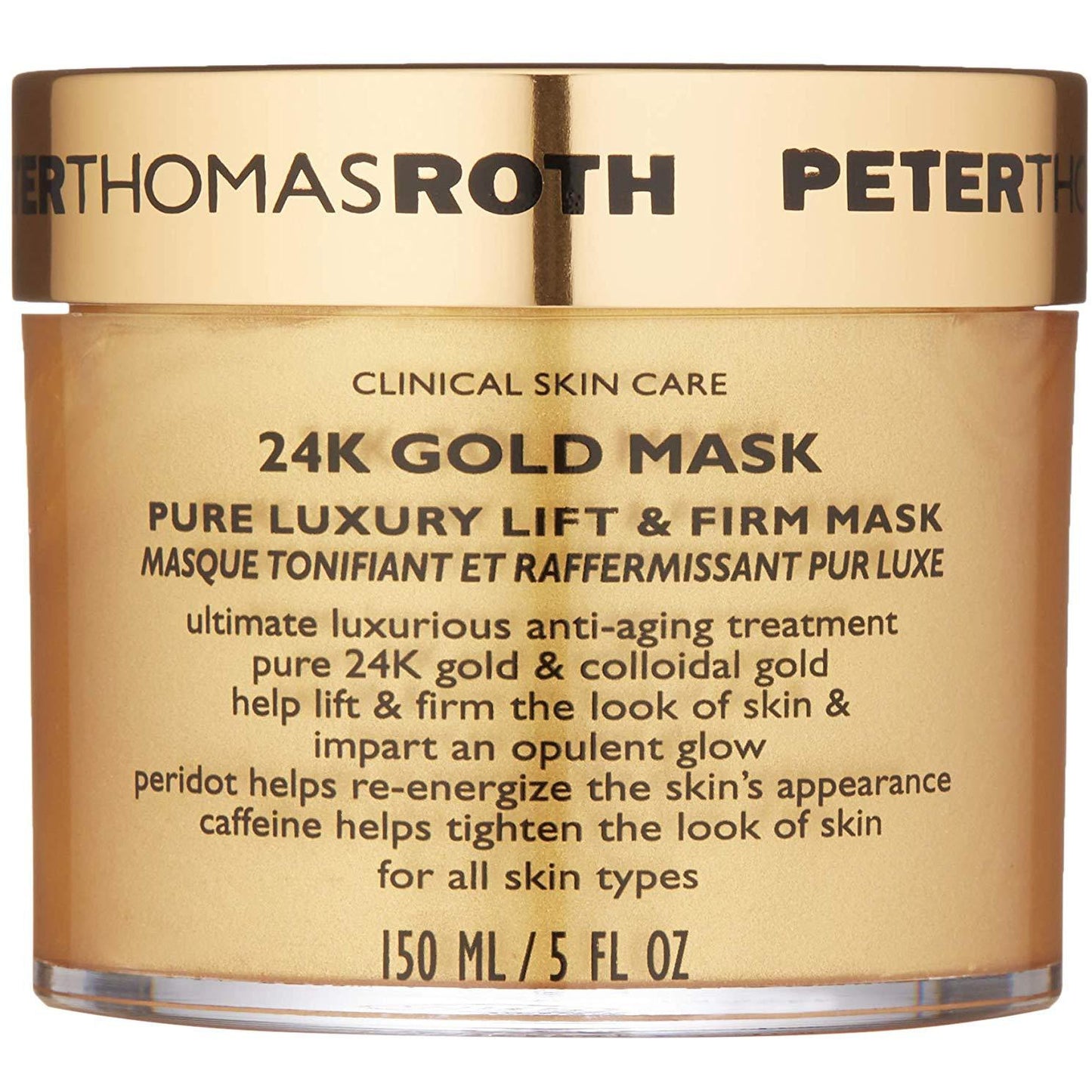 Peter Thomas Roth 24K Gold Mask in a 150ml jar, showcasing a luxurious gold-colored skincare treatment for radiant skin.