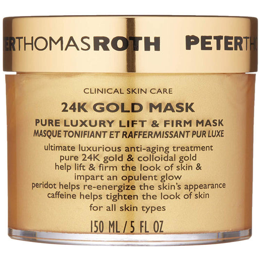 Peter Thomas Roth 24K Gold Mask in a 150ml jar, showcasing a luxurious gold-colored skincare treatment for radiant skin.