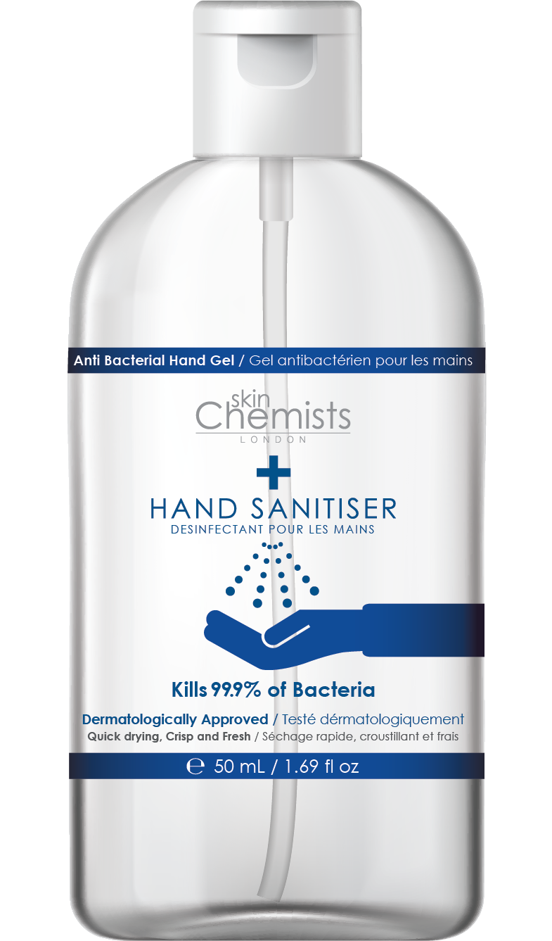 skinchemists london hand sanitiser 250ml high strength, made in uk 50ml