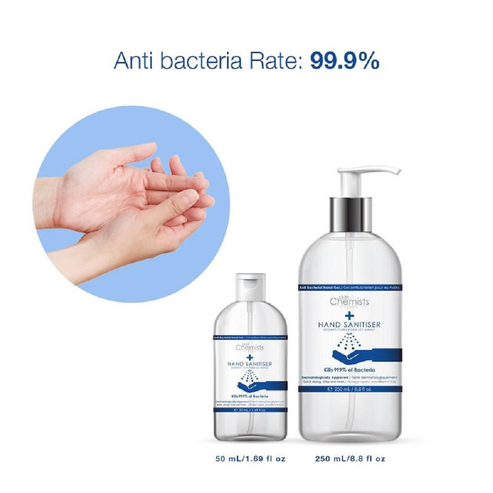 skinchemists london hand sanitiser 250ml high strength, made in uk