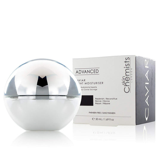 SkinChemists London Advanced Caviar Night Moisturizer in 50g jar, creamy skincare product for overnight hydration and rejuvenation.
