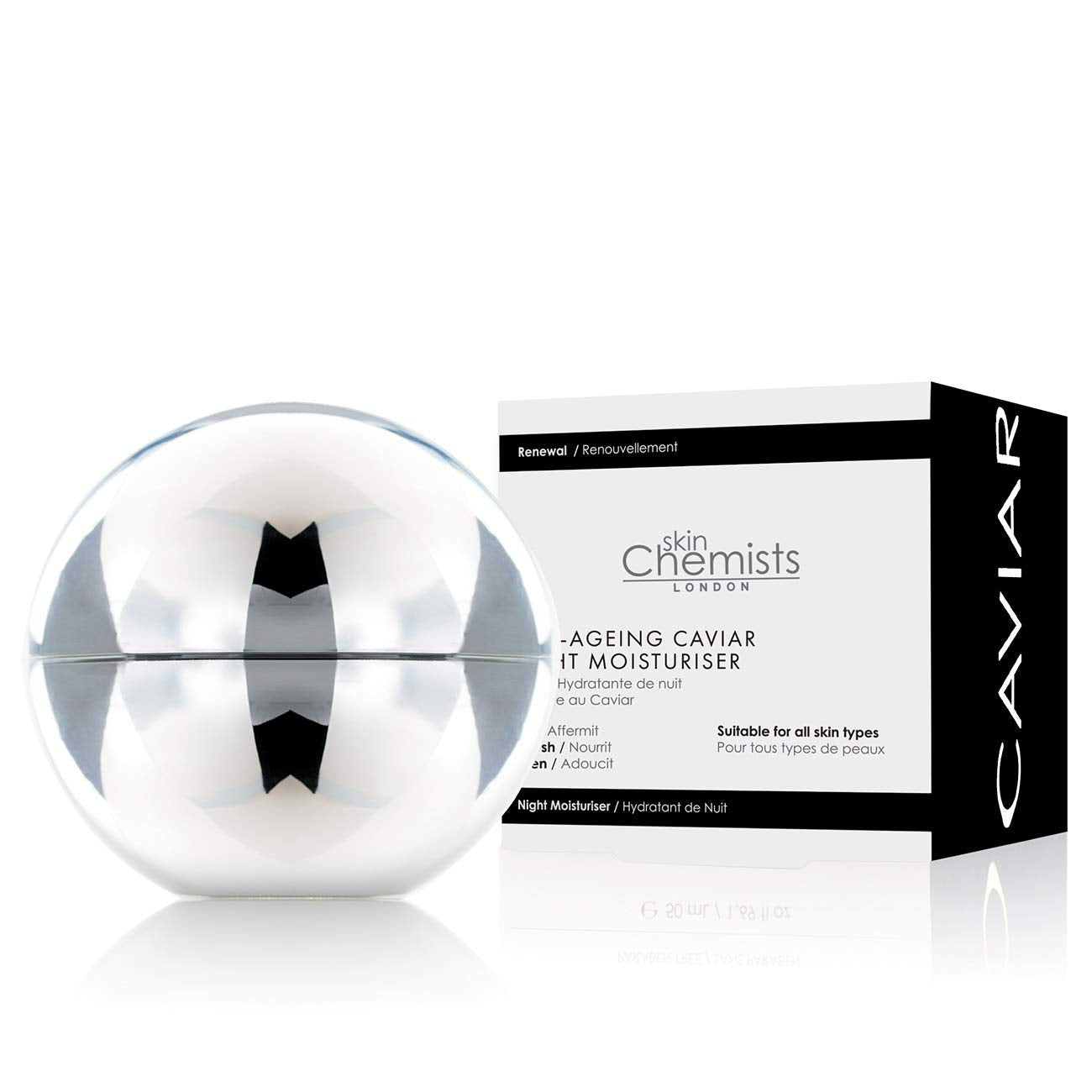 SkinChemists London Anti-Ageing Caviar Night Moisturiser in 50ml jar, showing elegant packaging and creamy texture inside