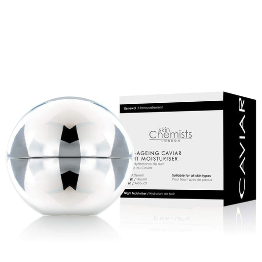 SkinChemists London Anti-Ageing Caviar Night Moisturiser in 50ml jar, showing elegant packaging and creamy texture inside