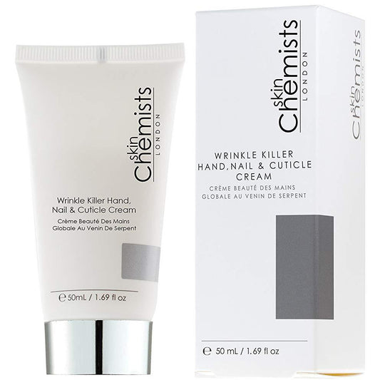 SkinChemists London Wrinkle Killer Hand and Nail Cream in 50ml tube showing the product with a sleek design and white and gold packaging.