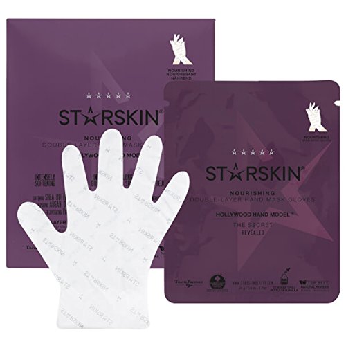 STARSKIN Hollywood Hand Model nourishing double-layer hand mask gloves for soft, hydrated hands, shown on a person's hands.