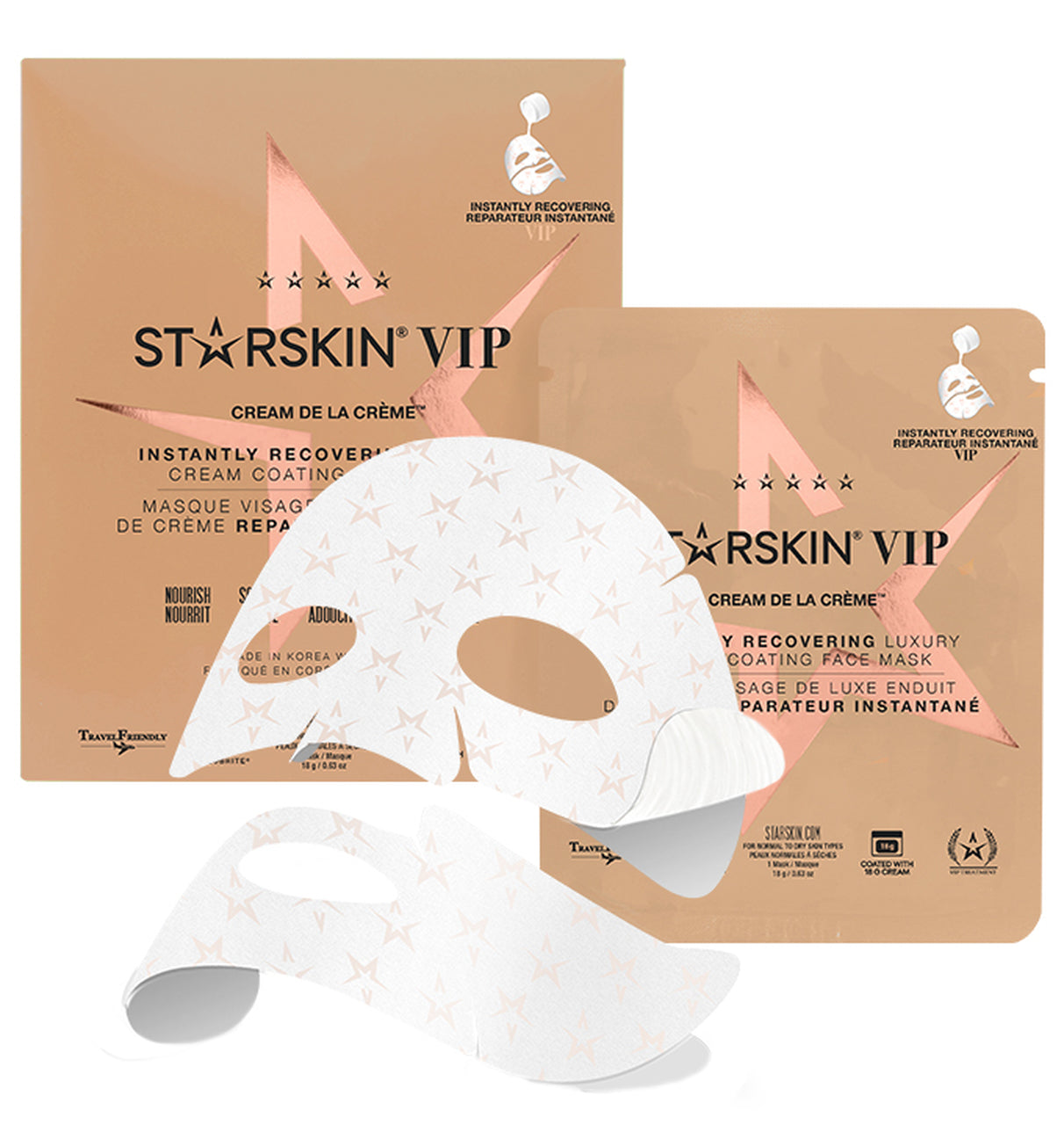 STARSKIN VIP Cream de la Crème luxury sheet face mask for instant skin recovery and hydration, coated with nourishing cream.