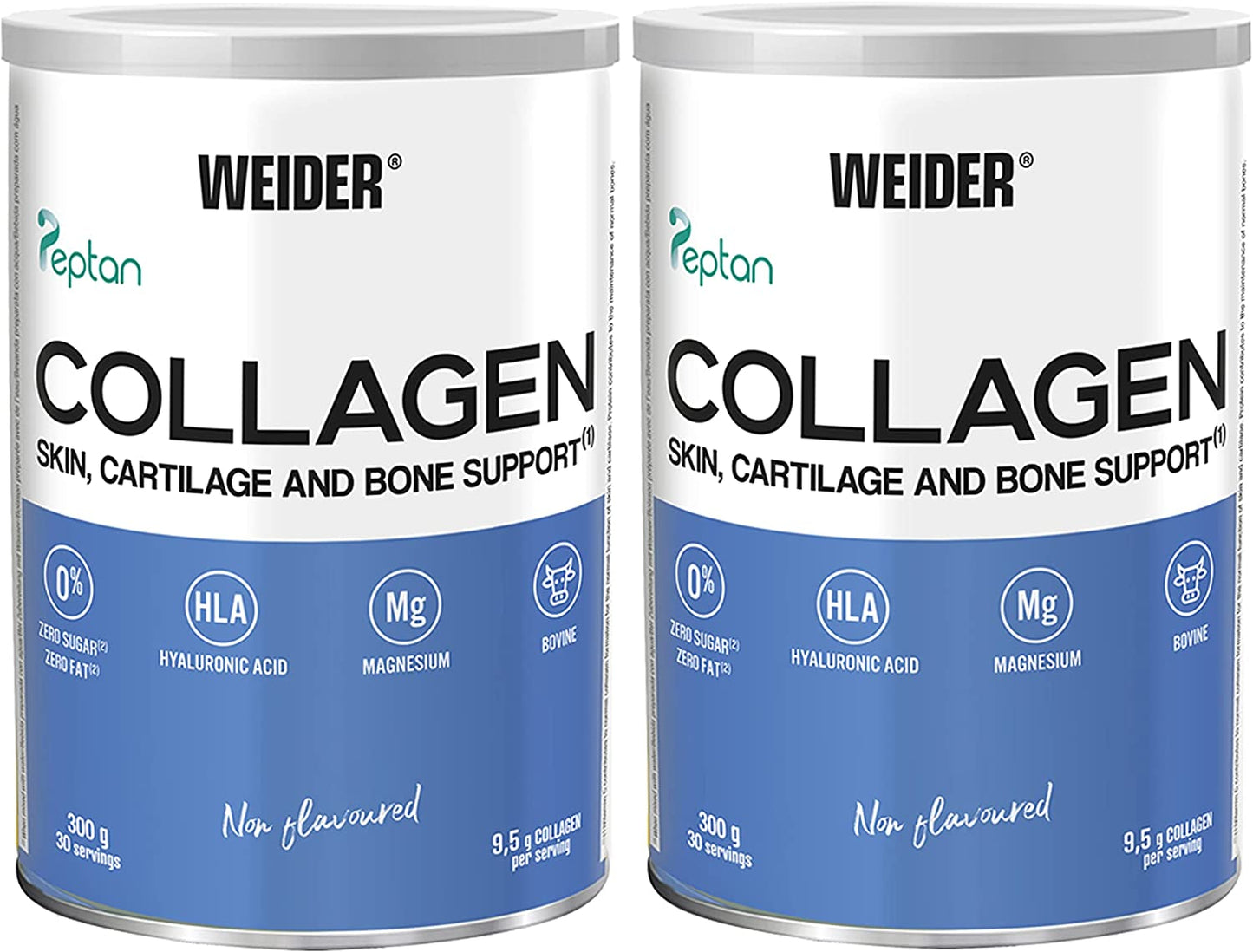 Weider Collagen Peptide Powder and Hyaluronic Acid duo packs in 300g, showing the packaging for health and beauty supplement.
