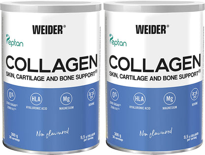 Weider Collagen Peptide Powder and Hyaluronic Acid duo packs in 300g, showing the packaging for health and beauty supplement.