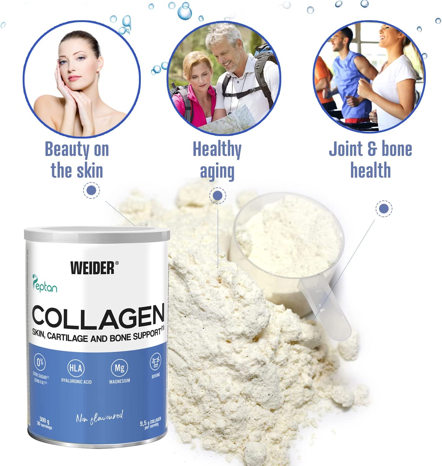 Weider Collagen Peptide Powder with Hyaluronic Acid in a 300g jar, health and beauty supplement for skin and joint support