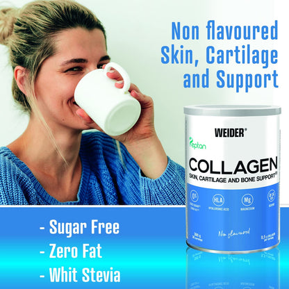 Weider Collagen Peptide Powder with Hyaluronic Acid in a 300g jar, showcasing the health and beauty supplement for skin support