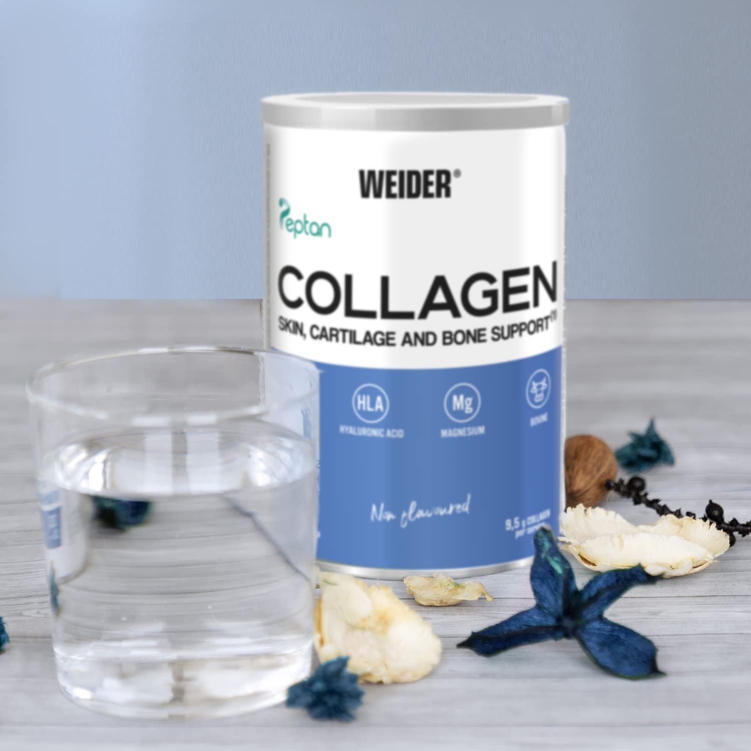 Weider Collagen Peptide Powder with Hyaluronic Acid, 300g container for skin health and beauty, 30-day supply.